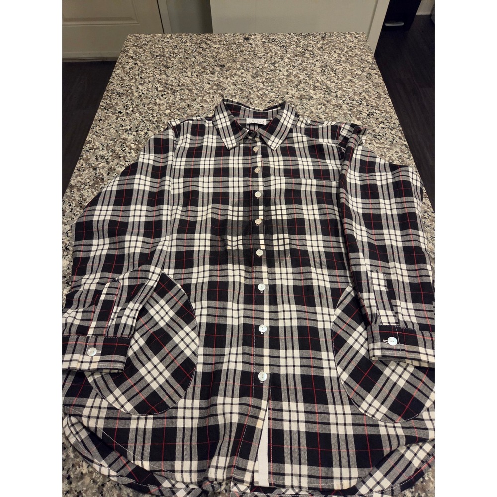 Joan Rivers Plaid Button Down Shirt Womens Medium Black White Red Pockets